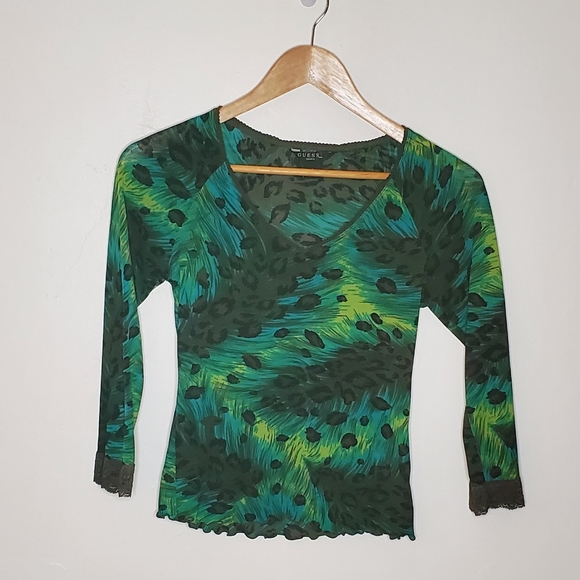 Playful Peacock Brightly Colored Leopard Blend V-Neck with Lace Edging - Picture 9 of 13